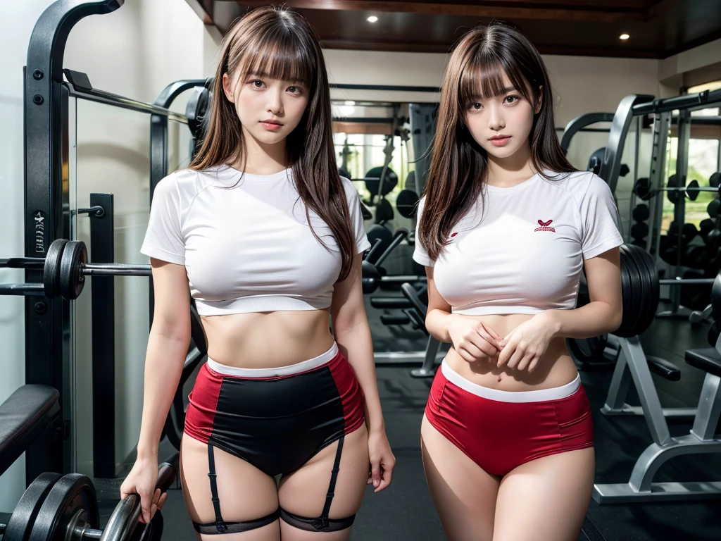 (RAW photo, 4k, masterpiece, high resolution, extremely complex) (realistic: 1.4), cinematic lighting
((2 girls)),Slam Dunk's,blushing,((innocent)),(Dark makeup),bright eyes,round eyes,blunt bangs,(straight hair:1.3),black hair,medium breasts,wide hips,Summer Noon, 15 year old girl、cute type、lolita,Hot, (Best Quality), (Highres), (an Extremely Delicate and Beautiful),(Beautiful 8k face),(Brown eyes),short bob hair,( spectators),(medium breasts),(Play with each other,Touching each other's bodies,Touching the body),(School-specified gym clothes, white gym uniform, short sleeve, wine red tight bloomers, tuck in),(reality),bright lighting,(The background is a luxury hotel room)