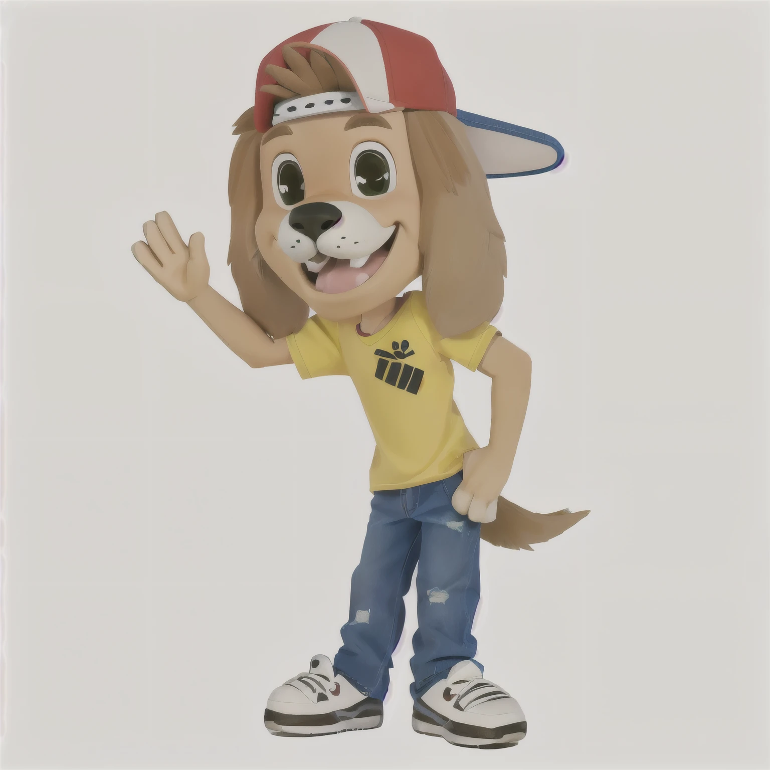 cartoon dog wearing a baseball cap waving and wearing jeans, furson wearing stylish clothes, mascot illustration, mascota de cuerpo completo, cartoon style illustration, en estilo de dibujos animados, official character illustration, mascota del equipo deportivo, perro antropomorfo, Personaje animado, personaje fusionado, mascota deportiva, estilo de red de dibujos animados, cartoon art style, personaje antropomorfo, furson, 3d