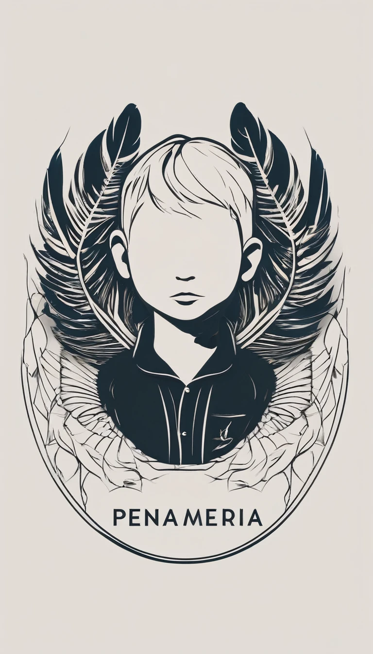 A minimal, modern, simple, cinematic logotype of a boy with a head full of feathers for the brand “Penamemoria" .
