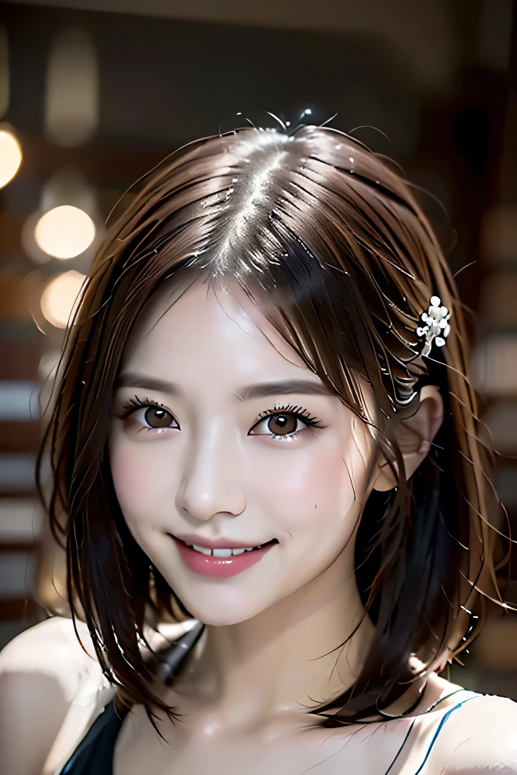 Beautiful details,(((Expressing happiness with a smile:1.3))), (suit:1.3), (Natural Lip), Natural Hair, Natural Makeup,(((library:1.3))),Skimpy skirts、(Reddish brown wet shiny hair)、(short hair)、hairpin、hair ornaments、Blushing、Pointed red mouth、Big Breasts、Perfect body curves、Beautiful clavicle、Wet Hair、Wet Face、Wet body、Wet Skin、Wet costume、Detailed clothing features、Detailed hair features、Detailed facial features、Looking into the camera、(Dynamic Angle)、(Dynamic and sexy pose) )、Cinema Light Aster Piece、highest quality、Ultra-high resolution output images、Write Boundary Depth、Intricate details、Add depth to your subject with contrast between light and shadow、)、Digital Illustration、Single-lens reflex camera、(Realistic:1.3)、(8K quality、Anatomically correct facial structure、)、(Picture Mode Ultra HD、)