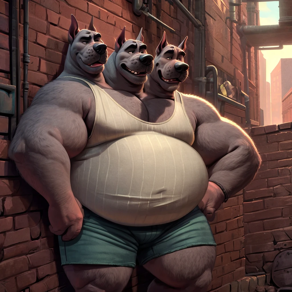 solo, great dane, three identical heads on one body, gray fur, bald, great dane ears, masculine, necks, (eyes), adult, male, 50 years old, (stylized 3d, by disney, by rembrandt), by pixar:1.1, by dramamine, ugly, (obese), dark alley background, (fully clothed, white sleeveless shirt, shorts), correct hands, correct anatomy, (ultradetailed, best quality, detailed masterpiece, highly detailed masterpiece, 4k, professional cartoon:1.7), (natural pose), (detailed expressions, worried, annoyed, laughing)