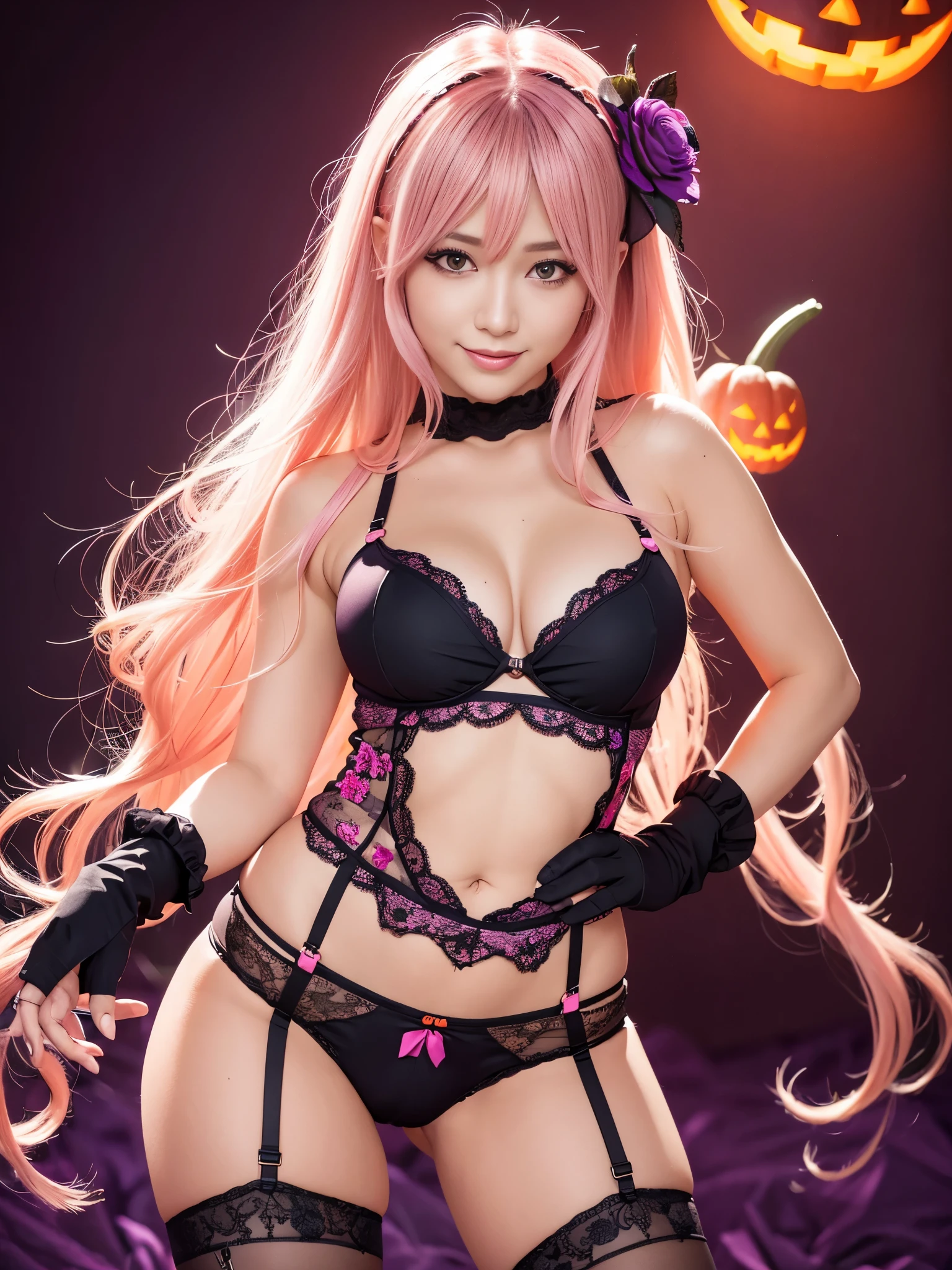ultra realistic girl, smiling face, orange and pink ombre flowers background, portrait, halloween, goth, gyaru, purple flowing hair, garter belt, cute lack lace underwear, sweet and sexy, seductive pose