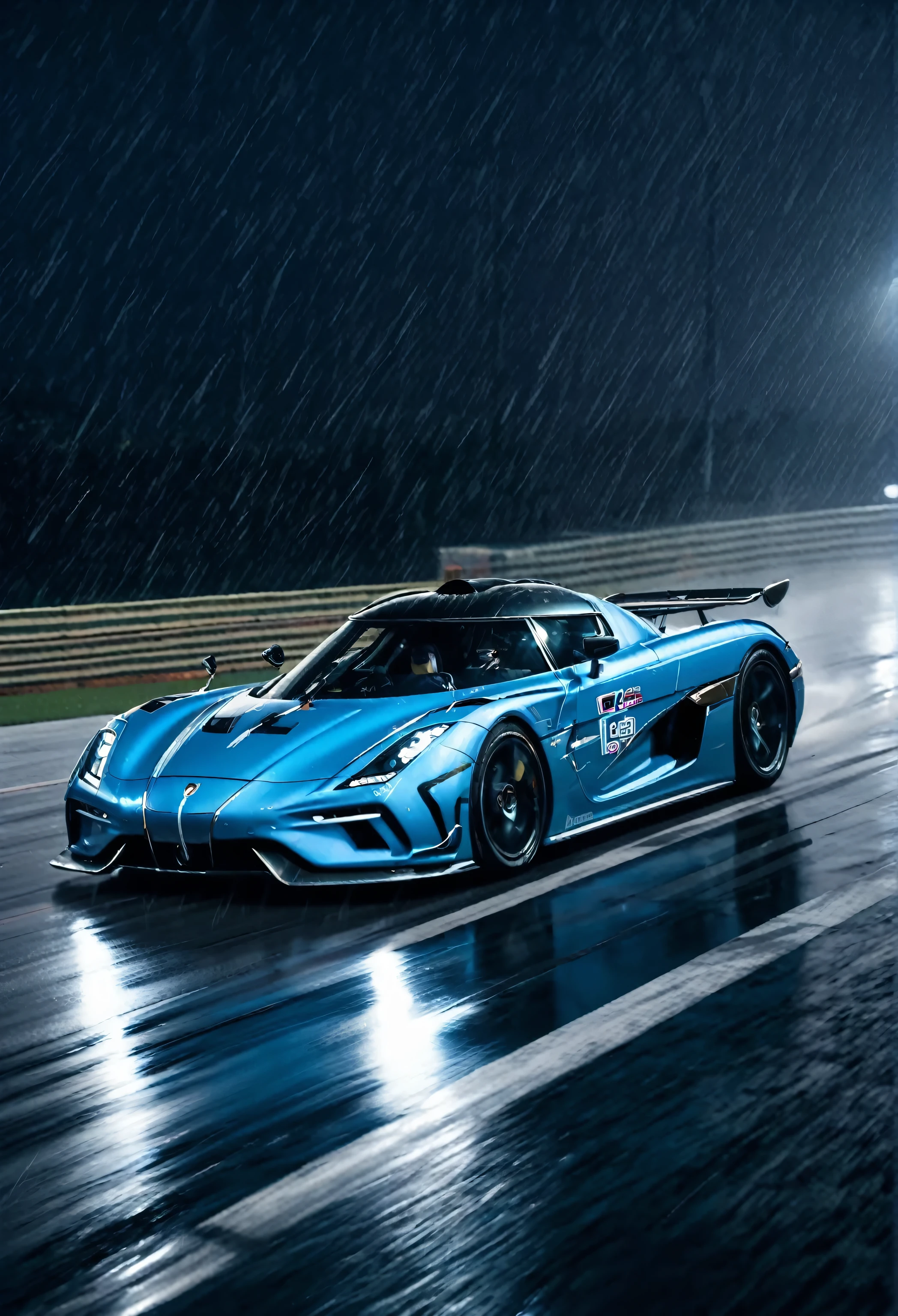 Poster of A koenigsegg regera with a racing livery driving in a corner in a racing track in the night with 3 other racer behind him while raining and thunderstorm