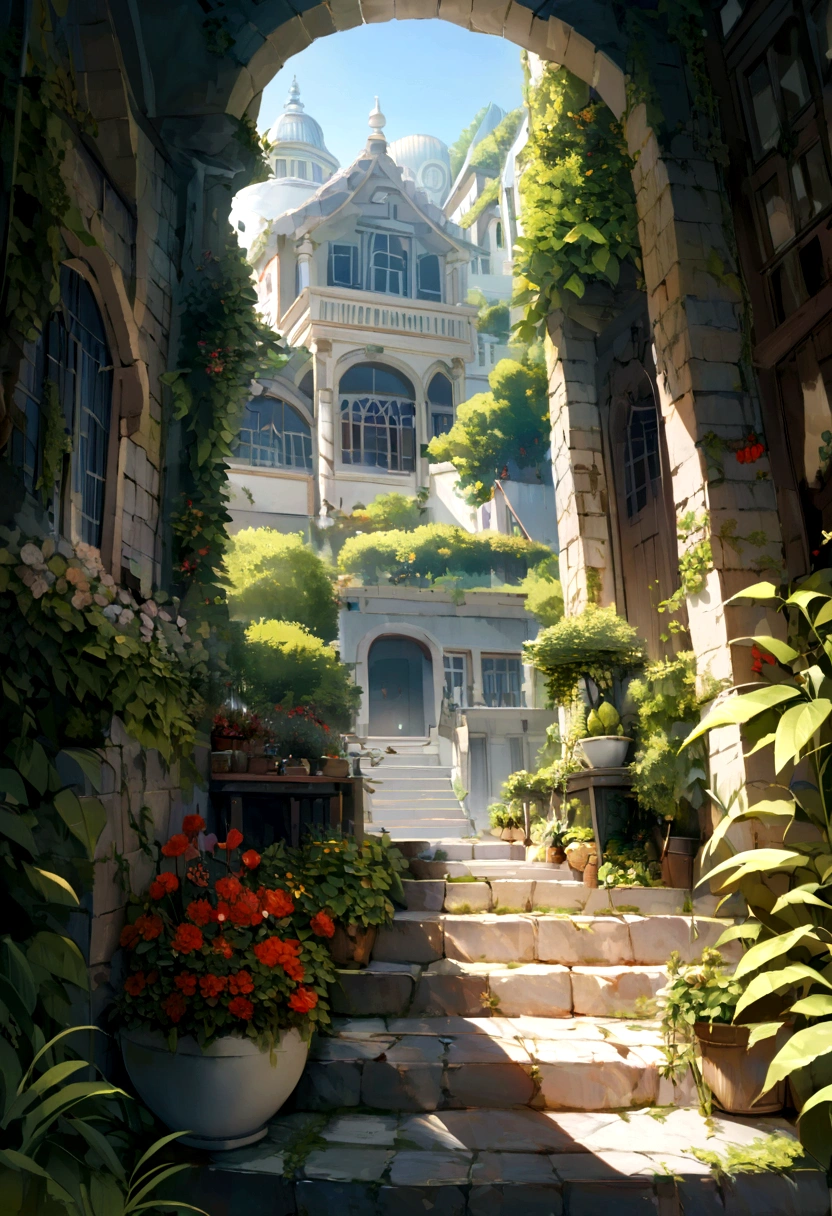 Uma grande casa, com cercado em volta e gramado, uma rua em primeiro plano levemente movimentada por pedestres. It is sunny and there is a lot of brightness in the surroundings