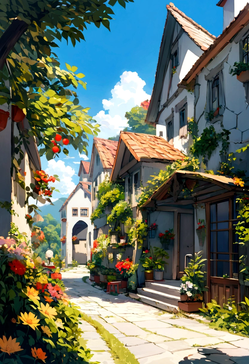 Uma grande casa, com cercado em volta e gramado, uma rua em primeiro plano levemente movimentada por pedestres. It is sunny and there is a lot of brightness in the surroundings
