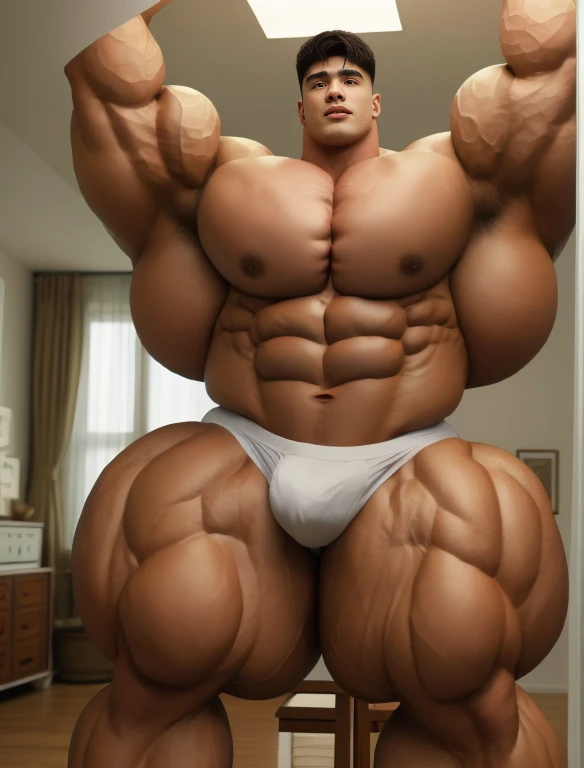 1boy, giant, model shoot style, staring, illuminating light, strong body, bulk, large size, armpit, in the white interior room, nude, white triangular underwear, prominent bulge, big, brutalmass, giant, muscular body, bulk, massive body, large meaty body size