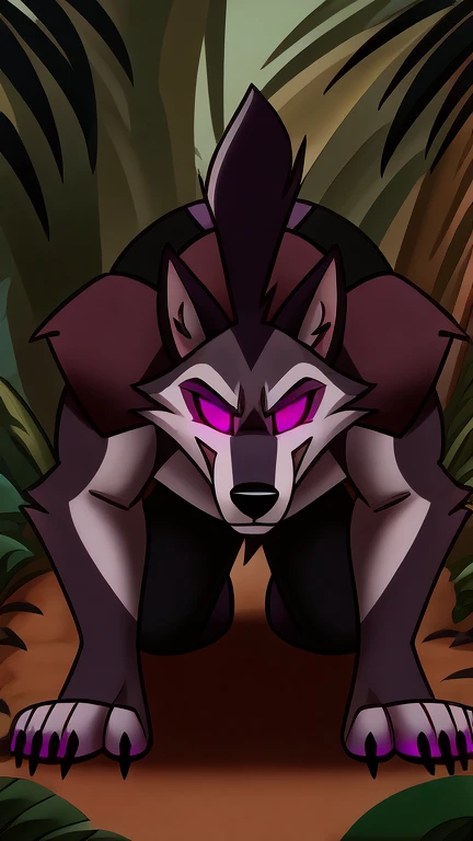 (masterpiece, best quality:1.2), Vortex hellhound, wolf, furry, helluva boss, glowing purple eyes, tongur out, he wears a black t-shirt with a gray vest with red spikes on the shoulders and black pants. marching on all fours, jungle background,