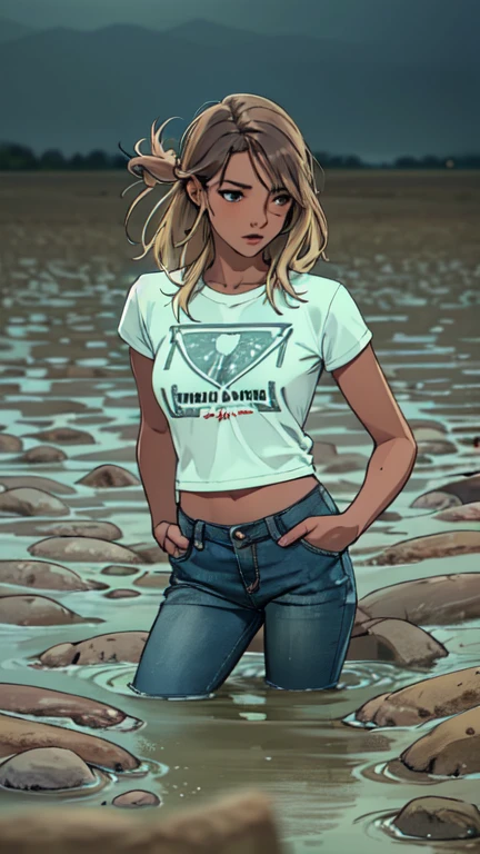 masterpiece, sinking in quicksand, memorable, feminine woman, t-shirt, flared jeans:1.2, dusk, fetishistic photo session:1.2,