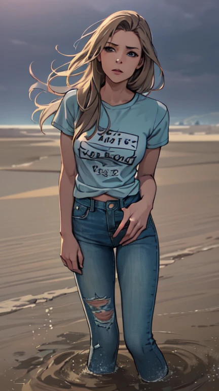 masterpiece, sinking in quicksand, memorable, feminine woman, t-shirt, flared jeans:1.2, dusk, fetishistic photo session:1.2,