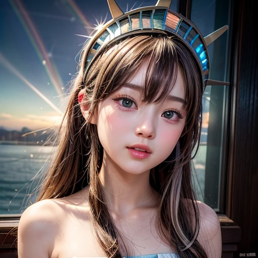 NSFW, 8k, High-level, absurd, masterpiece, best quality, primitive, very detailed CG, very detailed wallpaper, perfect lighting, Extremely detailed (((The personification of "statue of liberty"))), MysticSight, Tyndall effect, Tyndall scattering, (Studio gray background with (many Dazzling RainbowColor particles BokeH)), (RoundlyButts, ThighGap), (Exposed:0.4), (Assfocus with looking ahead), BREAK (((NOGIZAKA face variations)))  Extremely Detailed very KAWAII face variations, perfect anatomy, Childish, captivating gaze, elaborate detailed Eyes with (sparkling highlights:1.28), long eyelashes、Glossy RED Lips with beautiful details, Coquettish tongue, Rosy cheeks, Radiant PearlSkin with clear transparency . { (Dynamic LifeLike expressions:1.4) | :d) }, (large eyes:-1) .