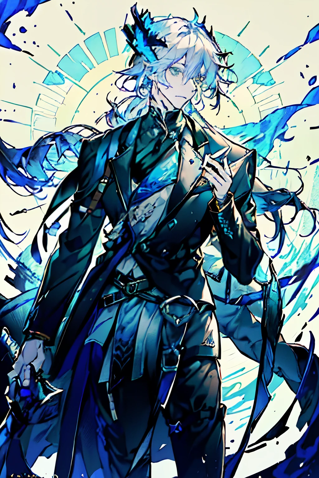 an anime man 1.80 tall (long silver hair) with (green eyes) with (a scar on his forehead in x) and (several runes on his body with a blue color but the most striking is one that resembles a dragon in its back) (a black tail

clothes (he wears a torn cloak and a chest piece together and shoulder pads made of old plates with a symbol of two dragons)

your weapon (it's a bow made of black steel with blue runes that attach to a blue stone in the middle of the bow)