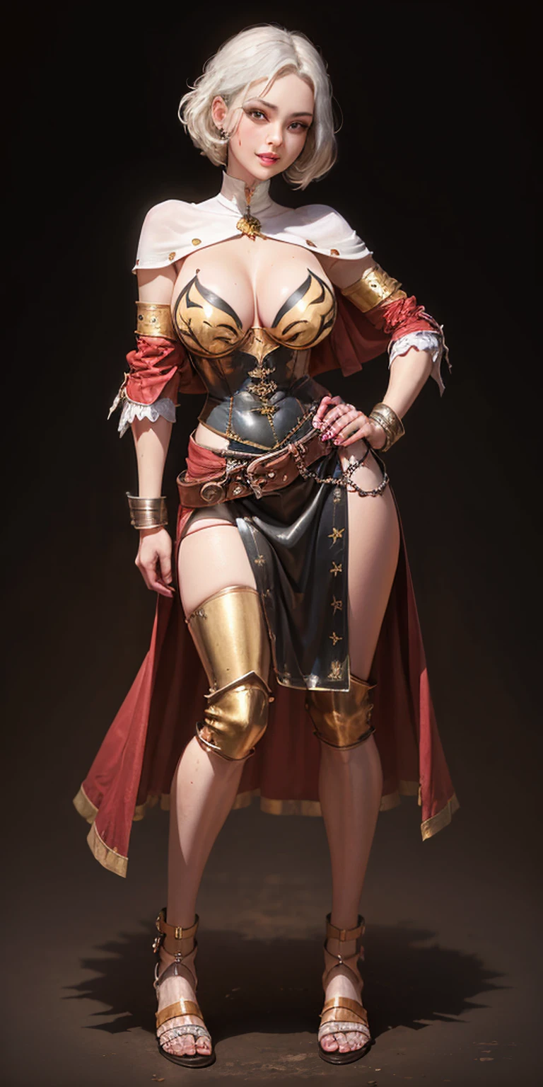 ((BLACK BACKGROUND 1:2, masterpiece)) 1solo female full body MILF BIMBO standing straight symmetrical with two long thighs and two metal sandals, 
red eyes like rubies, eye focus looking to the viewer, silver white hair, short bob style hair, 
big knockers breastplate, breastplate, cleavage, 
tiara royal, 
long cape up to two feet, 
yellow bikini (yellow tiger stripes), 
lustful smirking smiling, smile face (red blushed, red cheeks), 
pauldrons metal shoulders, gold sleeveless bracelets, separate sleeves, hands on waist hands OR hips, golden bracers, metal handcuffs, 
leather corset, red loincloth, 
black leather choker slave collar, shackles bracelets, 
slave red crest under navel, navel, big belt around waist OR hips,
feet together, metal ankle, two long thighs and two metal sandals