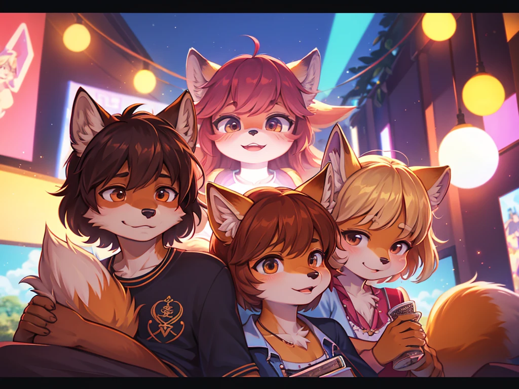 70's VHS video style , Pirated Porn , Hallucination, daydream , bokeh , Carpenters , Karen female racoon dog and Richard male fox Siblings , siblings love , top of the world