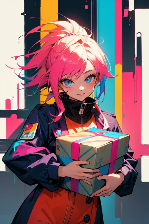 Coloured hair, many colors anime postman, holding a box in her arms, smiling face, cyberpunk, creative colours