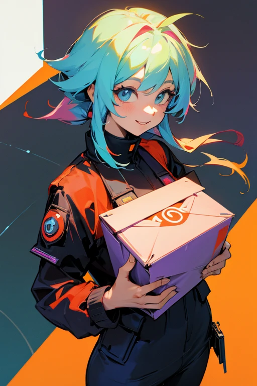 Coloured hair, many colors anime postman, holding a box in her arms, smiling face, cyberpunk, creative colours