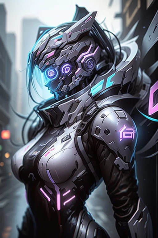 Cyber Fantasy, The face is dense(((must))), One Russian girl in her early 20s with ash grey hair, Fully armed with cyberpunk style protectors, Generated with full body, The outlines of your body and equipment will shine brightly in seven colors, like neon lights., A sense of speed(((must))), The background is the ruins of a building in ruins.,