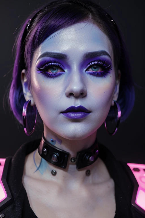 a close up of a woman with a purple and blue make up, cyberpunk art inspired by Hikari Shimoda, tumblr, neo-dada, bubble goth makeup, cyberpunk makeup, heavy makeup, purple eyes with red eye markers, cyberpunk look, creative makeup, futuristic look, neon eyes, intricate cyberpunk make - up, sci - fi look, huge earrings and queer make up