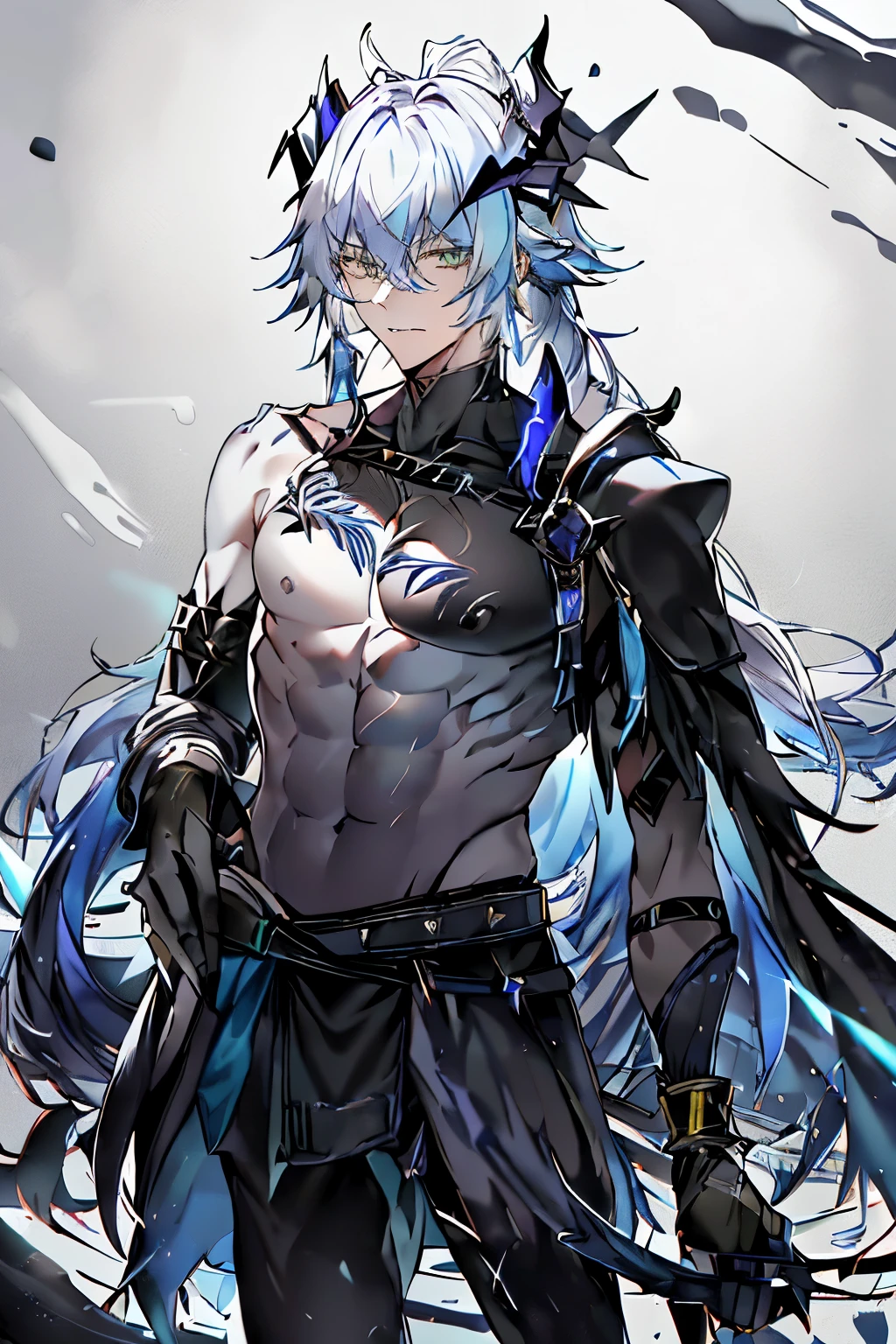 an anime man 1.80 tall (long silver hair) with (green eyes) with (a scar on his forehead in x) and (several runes on his body with a blue color but the most striking is one that resembles a dragon in its back) (a black tail
clothes (he wears a torn cloak and a chest piece together and shoulder pads made of old plates with a symbol of two dragons)
your weapon (it's a bow made of black steel with blue runes that attach to a blue stone in the middle of the bow)