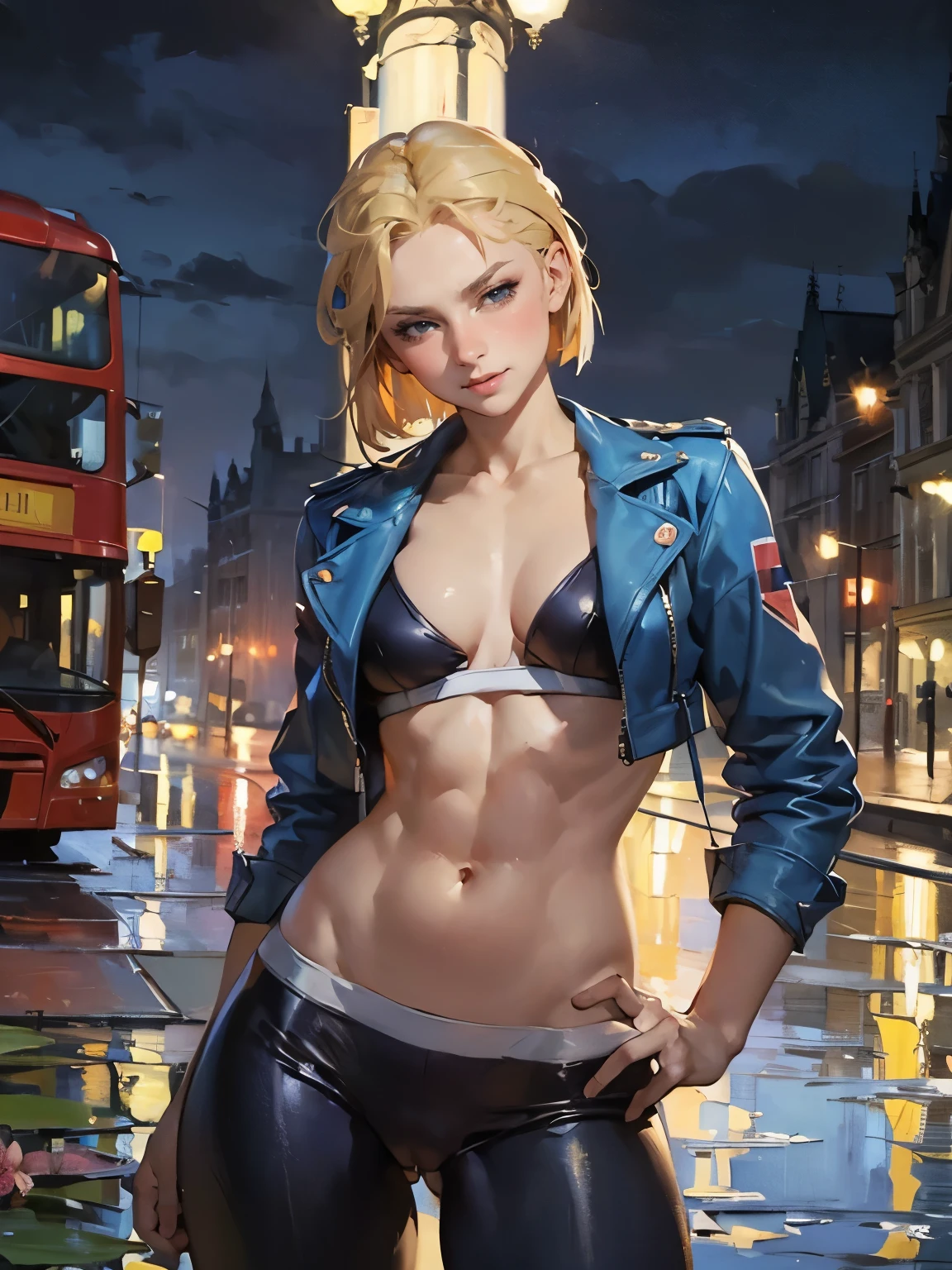 (art by abram efimovich arkhipov:1.2), (((post-Impressionist))), monet color, cammy sf6, blue eyes, blonde hair, antena hair, abs, scar on cheeks, Masterpiece, cameltoe view, cameltoe, sexy, raw, beautiful art, ((narrow waist, wide hips, thick thighs)) ,stream, close shot, ,(((oil painting))), (head tilt:1.2), Droplets, well, soft lighting, COOL, 1girl, solo, short hair, blue jacket, extremely sexy, seductive, luscious lips, looking at viewer, outdoors, (red london bus in the background:1) (in london city:1) (alone:1.5) (night:1)