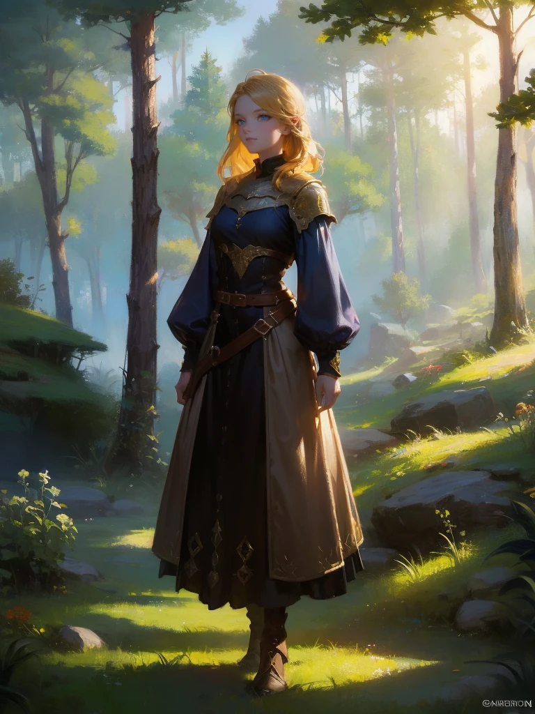 masterpiece, best quality, rpg character art, epic fantasy art style, 1 woman, Emily, 18 year old woman, mature and confident demeanor, full body fantasy concept art, blond hair comes down to her mid-back, crystal blue eyes, high detail, fantasy medieval style clothes (dress fit for adventure), attire is modest but feminine, intricate details, ultra high resolution, sharp focus, HD, 8k, clear facial features, clear details, clearing in a forest bacground