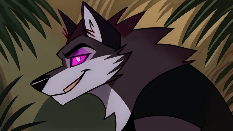 (masterpiece, best quality:1.2), Vortex hellhound, wolf, furry, helluva boss, glowing purple eyes, talking, he wears a black t-shirt with a gray vest with red spikes on the shoulders and black pants. marching on all fours, jungle background, profile picture