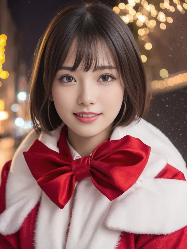 1girl, santa claus costume, symmetry, beautiful cute young girl, slender figure, (ultra short hair:1.5), ultra big smile, (Beautiful large round droped detailed eyes:1.0), beautiful detailed lips, extremely detailed face, natural makeup,Incredibly beautiful skin, (best quality,4k,8k,highres,masterpiece:1.5),(ultra-detailed,realistic,photorealistic,photo-realistic:1.75),professional,vivid colors,studio lighting,snowing night town,christmas eve