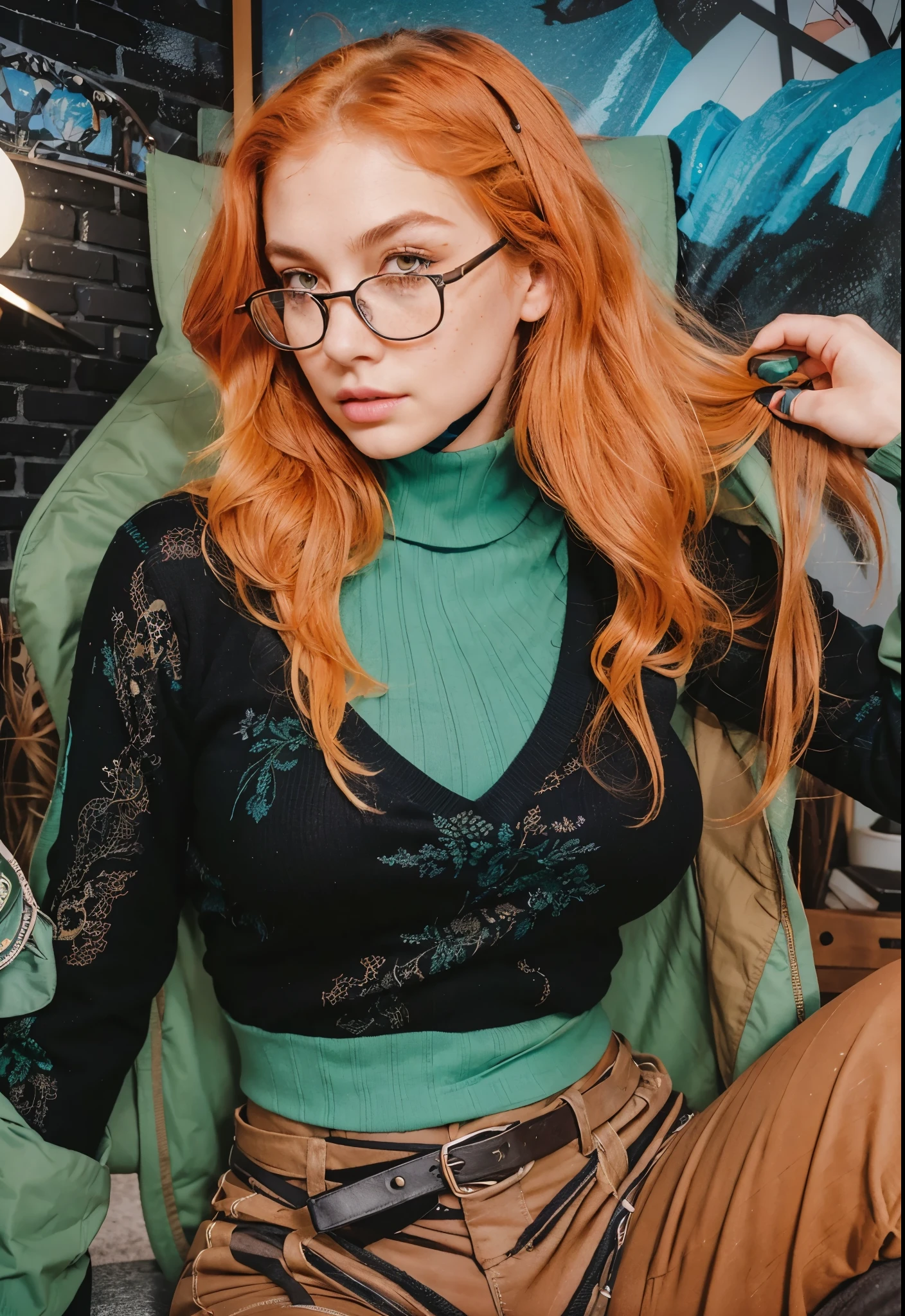 The person in the image has long, wavy red hair that cascades past her shoulders. She is wearing a pair of rectangular, black-rimmed glasses. Her skin is fair with a light dusting of freckles across her cheeks and nose. She has striking green eyes and dark lipstick, which adds to her bold look. Her outfit consists of a high-neck, blue-green sweater that fits snugly under a black, long-sleeved top. She also wears brown pants with a black belt, giving her a sophisticated and stylish appearance.