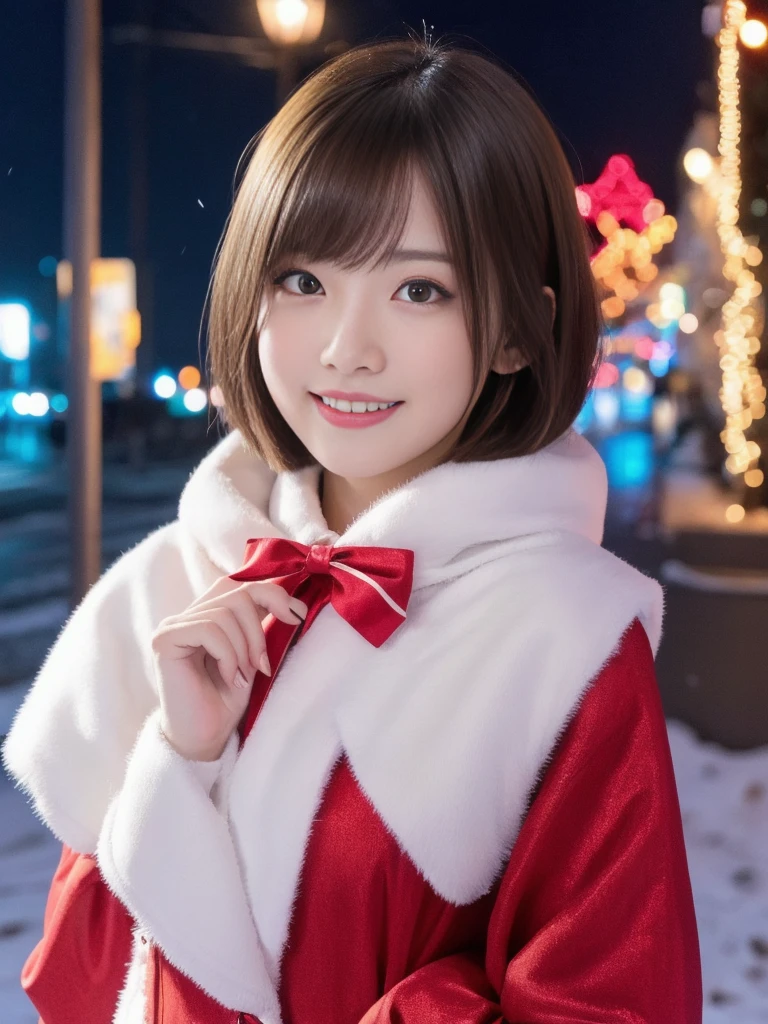 1girl, santa claus costume, symmetry, beautiful cute young girl, slender figure, (ultra short hair:1.5), ultra big smile, (Beautiful large round droped detailed eyes:1.0), beautiful detailed lips, extremely detailed face, natural makeup,Incredibly beautiful skin, (best quality,4k,8k,highres,masterpiece:1.5),(ultra-detailed,realistic,photorealistic,photo-realistic:1.75),professional,vivid colors,studio lighting,snowing night town,christmas eve