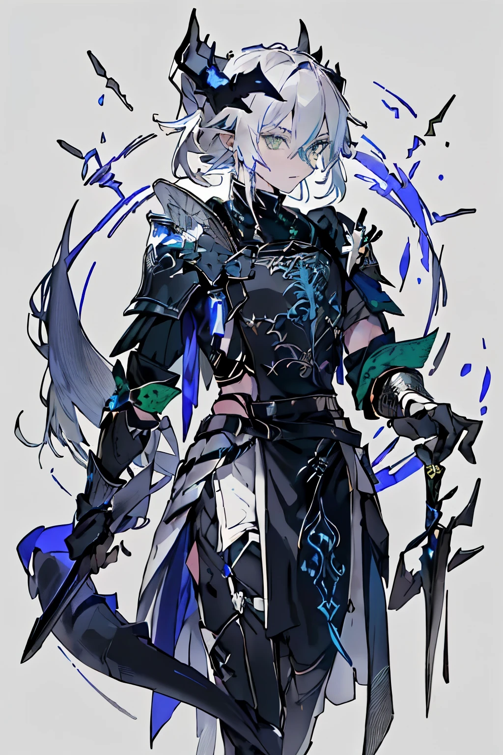 an anime man 1.80 tall (long silver hair) with (green eyes) with (a scar on his forehead in x) and (several runes on his body with a blue color but the most striking is one that resembles a dragon in its back) (a black tail

clothes (he wears a torn cloak and a chest piece together and shoulder pads made of old plates with a symbol of two dragons)

your weapon (it's a bow made of black steel with blue runes that attach to a blue stone in the middle of the bow)