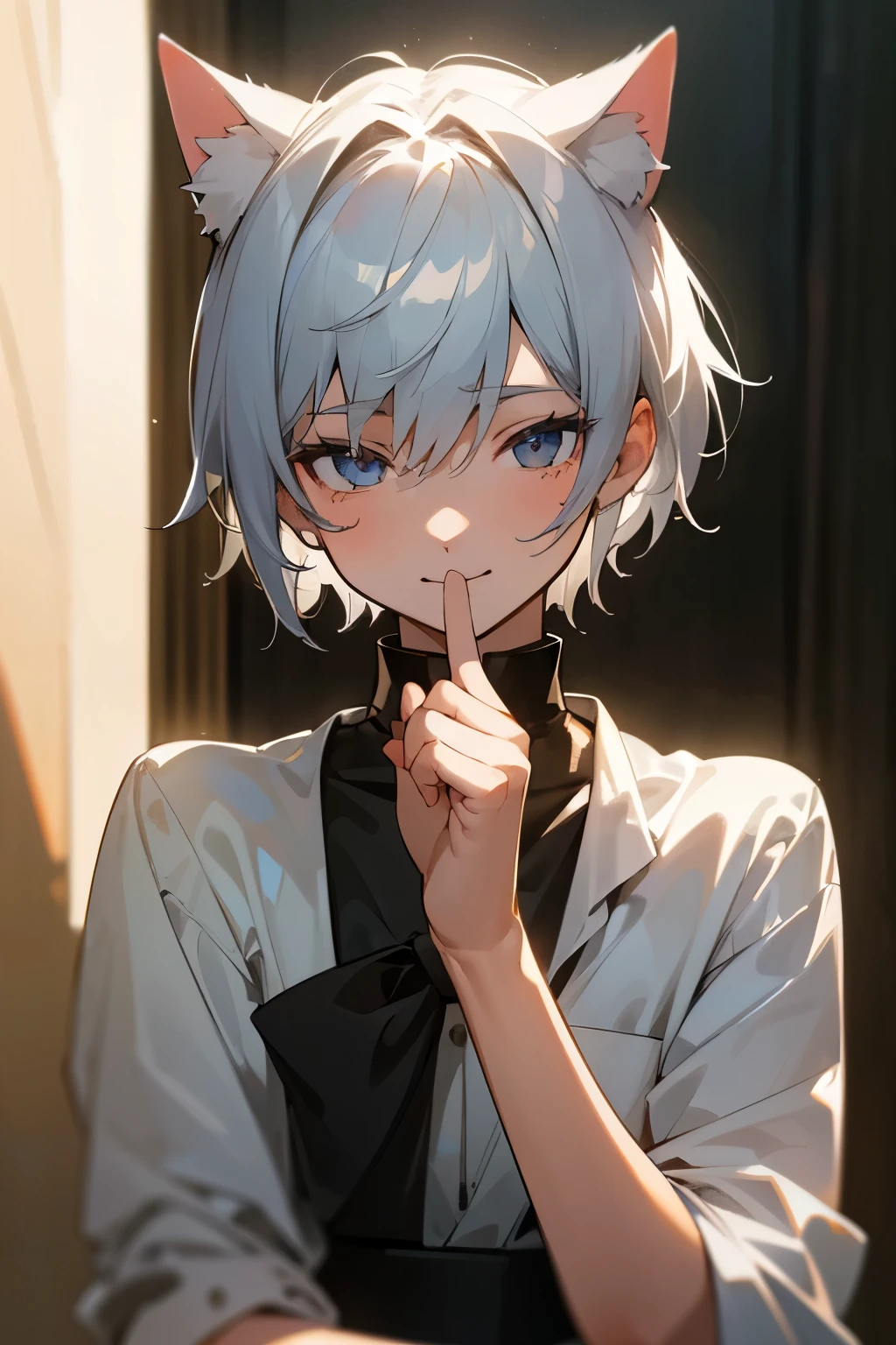 Morning sunlight,(smile),超High resolution, retina, masterpiece, Accurate, Anatomically correct, Rough skin, Very detailed, Advanced Details, high quality, Awards, 最high quality, High resolution, High resolution, 4K,(anime,8k,masterpiece, 最high quality, 最high quality,beautifully、beautiful:1.2,Professional Illustration:1.1,Very detailed:1.3,Perfect lighting),Very detailed,Most detailed,High resolution,Cute pose,A cute boy, Cat ear,Silver Hair,short hair,evil lol,Upper Body,