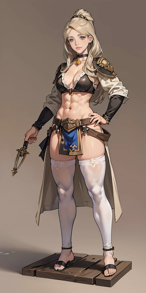full body toe to head, masterpiece, 1soloMILF BIMBO standing loincloth pose, leather collar choker neck bell shackles wristbands bracers bracelets sleeves and stockings, strong body, abs, shiny skin (masterpiece, best quality) 1girlsolo wearing 40K Warhammer sisters of battle whsororitas (plain background)