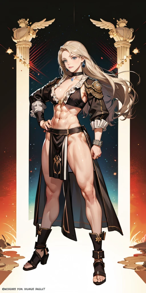 full body toe to head, masterpiece, 1soloMILF BIMBO standing loincloth pose, leather collar choker neck bell shackles wristbands bracers bracelets sleeves and stockings, strong body, abs, shiny skin (masterpiece, best quality) 1girlsolo wearing 40K Warhammer sisters of battle whsororitas (plain background)