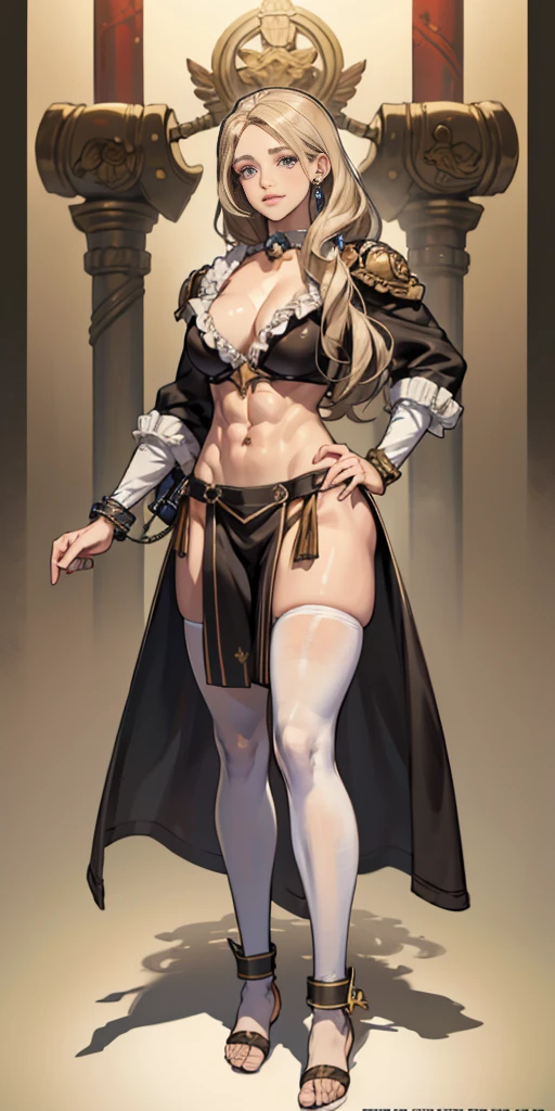 full body toe to head, masterpiece, 1soloMILF BIMBO standing loincloth pose, leather collar choker neck bell shackles wristbands bracers bracelets sleeves and stockings, strong body, abs, shiny skin (masterpiece, best quality) 1girlsolo wearing 40K Warhammer sisters of battle whsororitas (plain background)