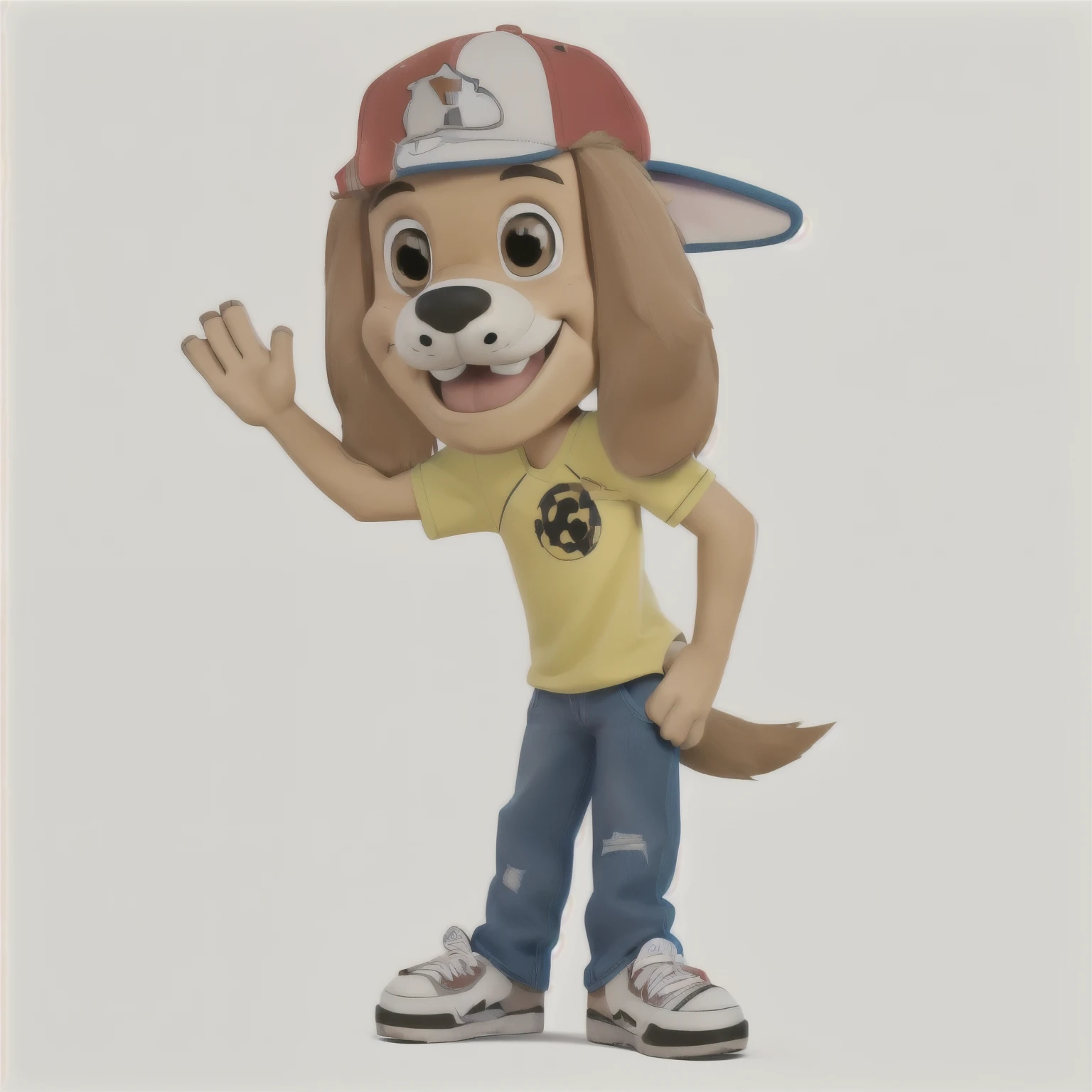 cartoon dog wearing a baseball cap waving and wearing jeans, furson wearing stylish clothes, mascot illustration, mascota de cuerpo completo, cartoon style illustration, en estilo de dibujos animados, official character illustration, mascota del equipo deportivo, perro antropomorfo, Personaje animado, personaje fusionado, mascota deportiva, estilo de red de dibujos animados, cartoon art style, personaje antropomorfo, furson
