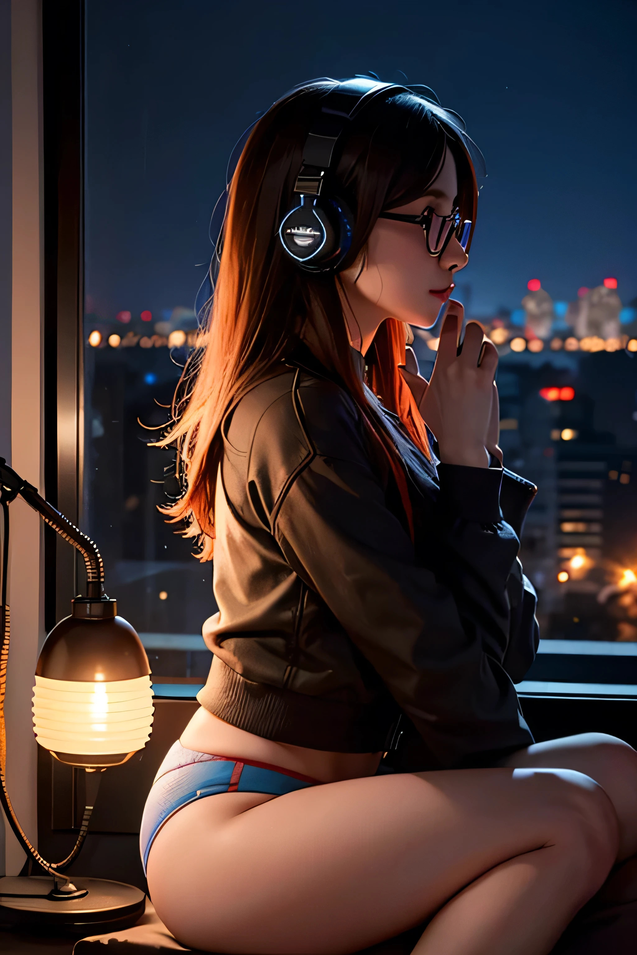 
female character, revolutionary, communist, microphone, headphones, computer working, room, dim light, lamp, Cyber ​​Punk, profile, night, bluish environment with orange lights. Open windows, view of the city through the window. more realistic hair, glasses, more comfortable clothes, night city, underwear, improve hand details