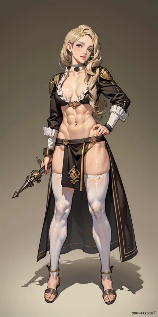 full body toe to head, masterpiece, 1soloMILF BIMBO standing loincloth pose, leather collar choker neck bell shackles wristbands bracers bracelets sleeves and stockings, strong body, abs, shiny skin (masterpiece, best quality) 1girlsolo wearing 40K Warhammer sisters of battle whsororitas (plain background)