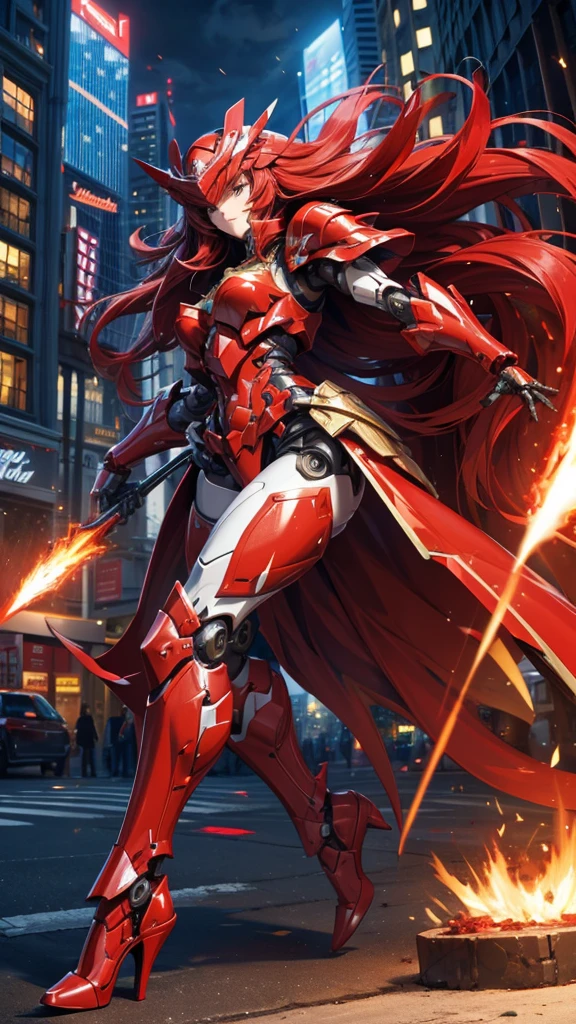 Large red long-haired female robot，helmet，Full body red armor，mechanical joint，Chest，fit，，high heels，front，City