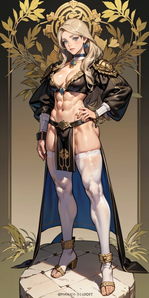full body toe to head, masterpiece, 1soloMILF BIMBO standing loincloth pose, leather collar choker neck bell shackles wristbands bracers bracelets sleeves and stockings, strong body, abs, shiny skin (masterpiece, best quality) 1girlsolo wearing 40K Warhammer sisters of battle whsororitas (plain background)