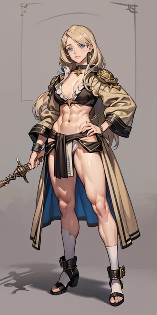 full body toe to head, masterpiece, 1soloMILF BIMBO standing loincloth pose, leather collar choker neck bell shackles wristbands bracers bracelets sleeves and stockings, strong body, abs, shiny skin (masterpiece, best quality) 1girlsolo wearing 40K Warhammer sisters of battle whsororitas (plain background)