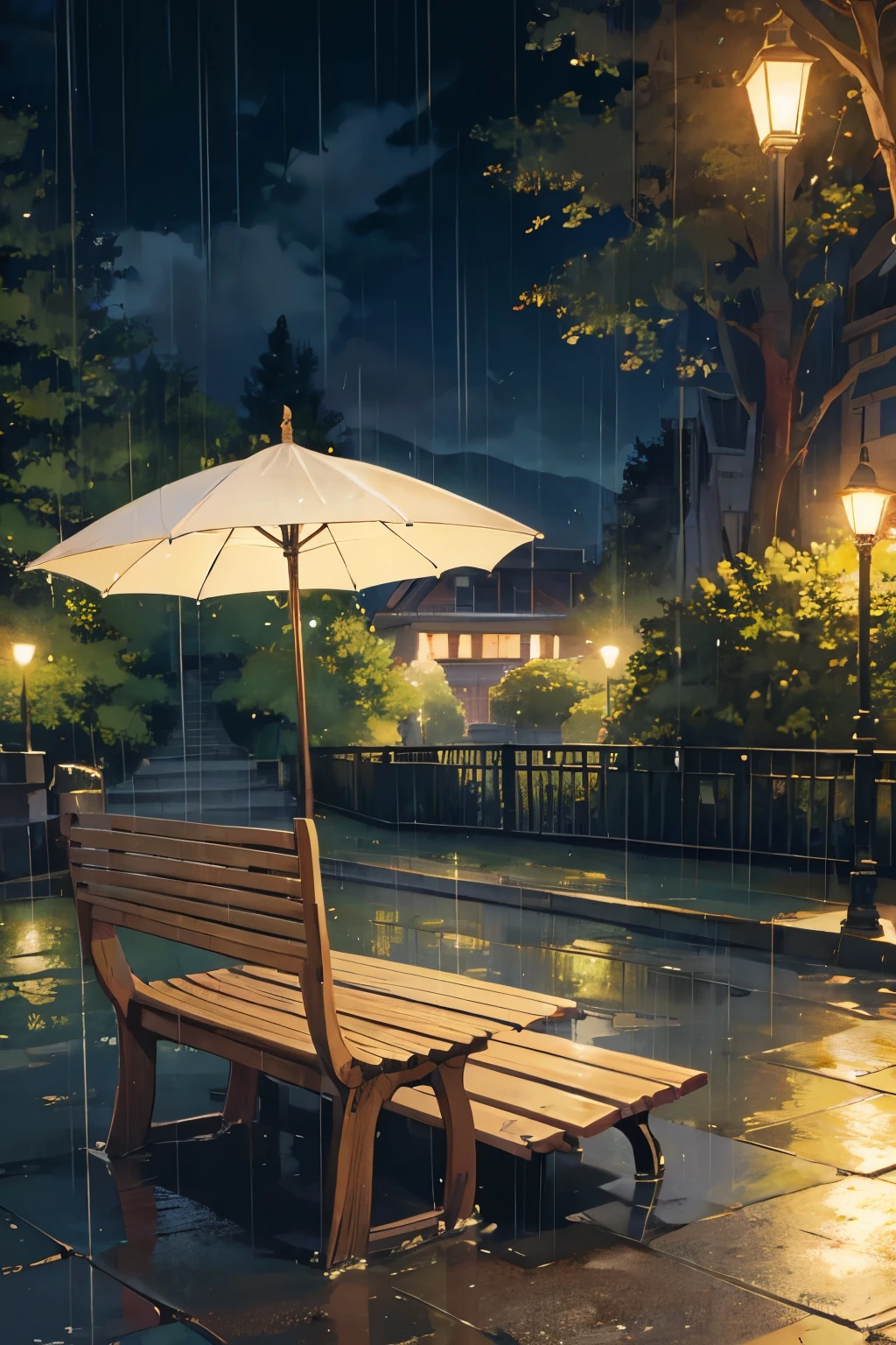 Wooden bench in a park. During the night, it rains. Luxurious.With street lights