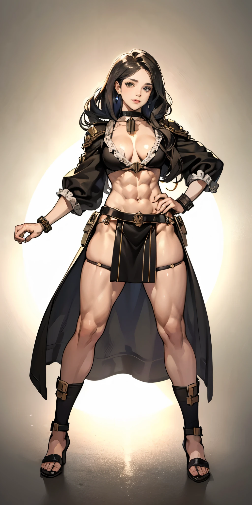full body toe to head, masterpiece, 1soloMILF BIMBO standing loincloth pose, leather collar choker neck bell shackles wristbands bracers bracelets sleeves and stockings, strong body, abs, shiny skin (masterpiece, best quality) 1girlsolo wearing 40K Warhammer sisters of battle whsororitas (plain background)