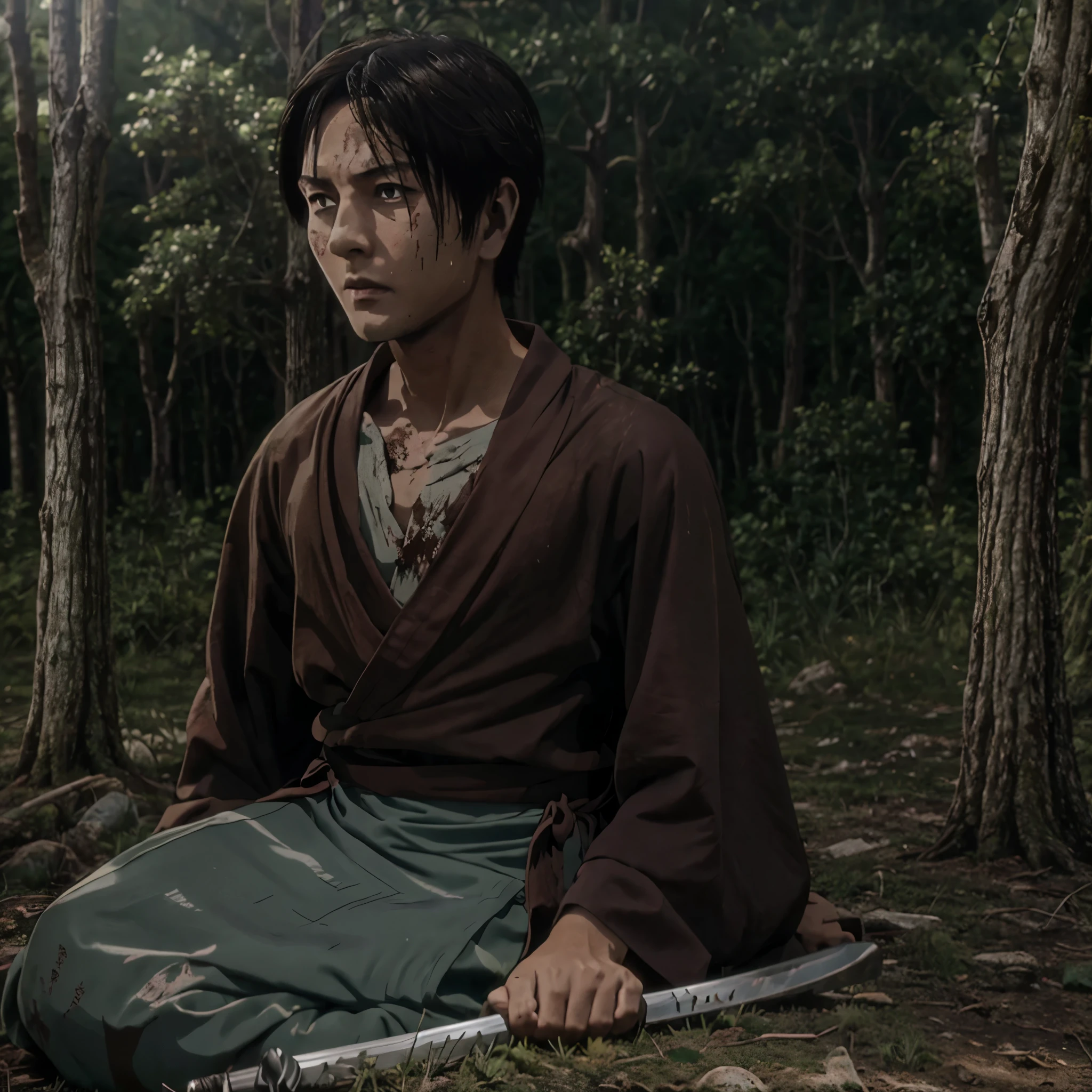 A very detailed photo of a young boy transformed into a anime style, he has black eyes, shoulder length black hair, and he wears nothing but yukata as he sits surrounded by dead bodies of medieval soldiers in a forest as his katana that is resting on his shoulder is covered in blood , backlit background highlighting the subject, light-contrast colors, 4K high-definition quality, young, scary, horror, anti hero