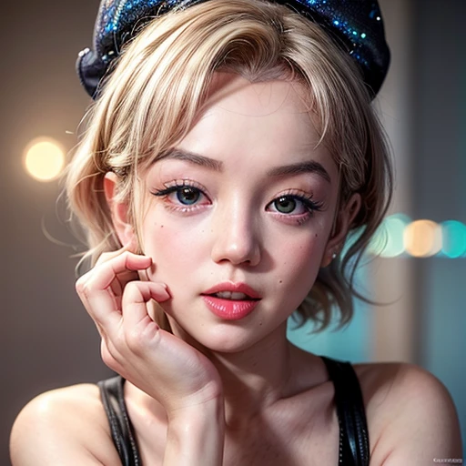 NSFW, 8k, High-level, absurd, masterpiece, best quality, primitive, very detailed CG, very detailed wallpaper, perfect lighting, Extremely detailed (((The personifying "Marilyn Monroe" as a Girl))), MysticSight, Tyndall effect, Tyndall scattering, (Studio gray background with (many Dazzling RainbowColor particles BokeH)), (RoundlyButts, ThighGap), (Exposed:0.4), (Assfocus with looking ahead), BREAK (((NOGIZAKA face variations))) Extremely Detailed very KAWAII face variations, perfect anatomy, Childish, captivating gaze, elaborate detailed Eyes with (sparkling highlights:1.28), long eyelashes、Glossy RED Lips with beautiful details, Coquettish tongue, Rosy cheeks, Radiant PearlSkin with clear transparency . { (Dynamic LifeLike expressions:1.4) | :d) }, (large eyes:-1) .