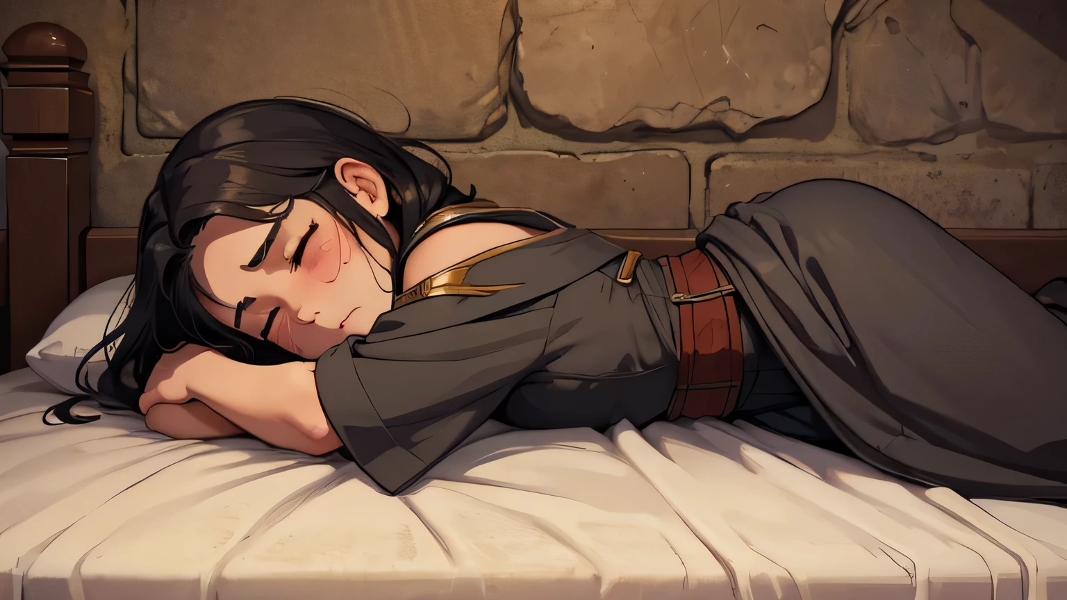 8 year old girl eyes closed crying, focus on his face, dark gray hair, dressed in ancient and poor brown clothing, from the 1st century passed out on an antique bed in a Greek house with stone walls from the 1st century AD, dark