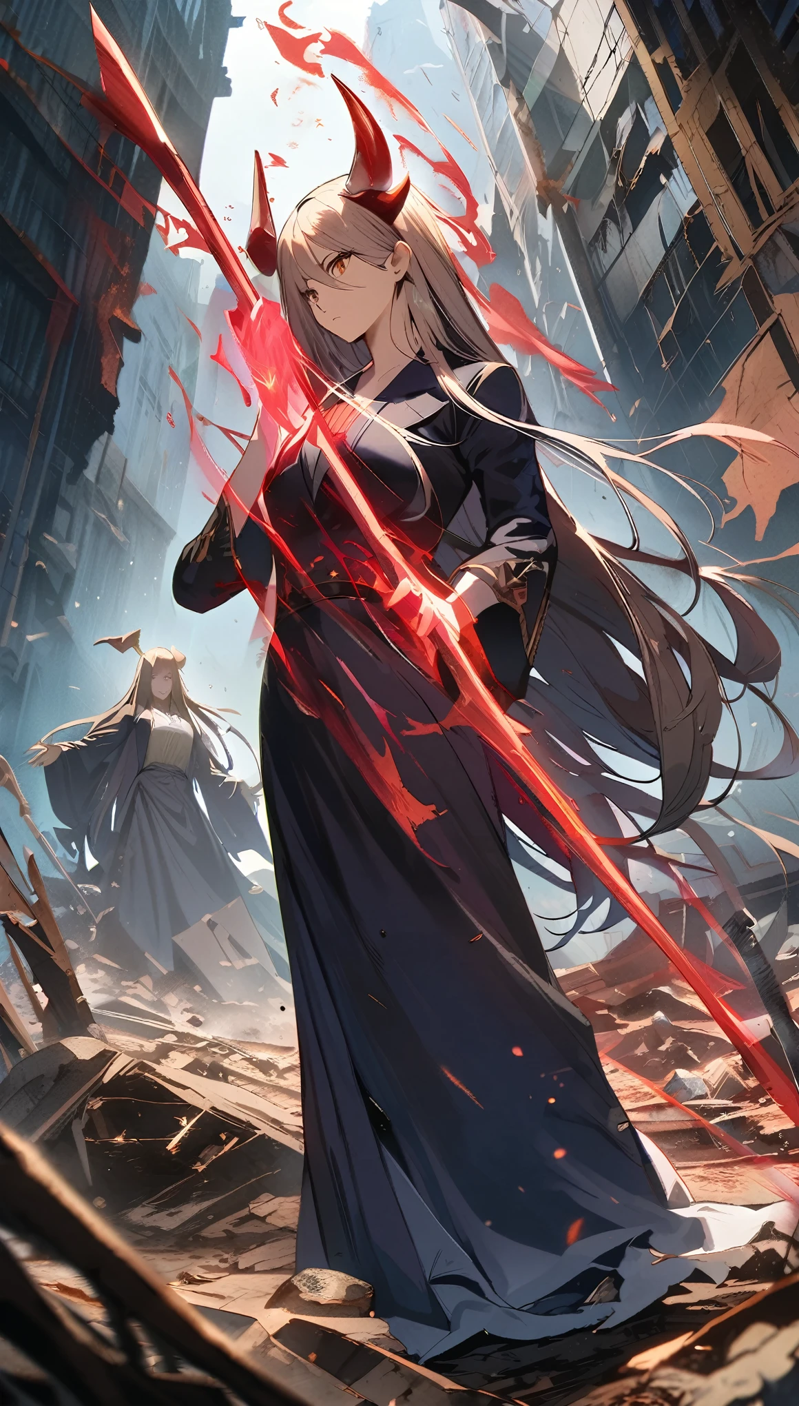 Portraiture, Long Hair, Middle Hair, Brown Eyes, One girl, demon horn, face, Magical woman, Absurd, masterpiece, highest quality, blazer girl costume, ((grim reaper woman)), short hair, Devastation, Remains, (Fighting Dynamic pose), Apocalypse, Spell casting, Style-Glass, Full Body Shot, Big sickle