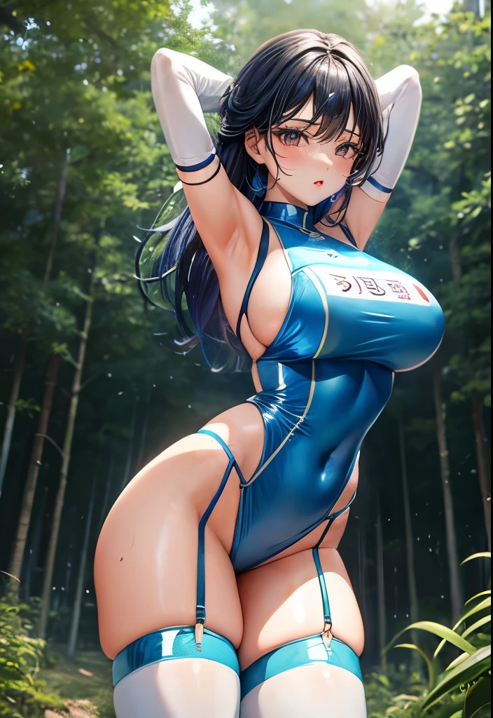 Korean Idols Campaign Girl Super shiny enamel modified competitive swimsuit with sponsor logo Big Breasts High leg garter belt Super Shiny Stockings Super Shiny Enamel Evening Gloves In the forest Armpit Depicted from below Sweat Put your hands behind your head