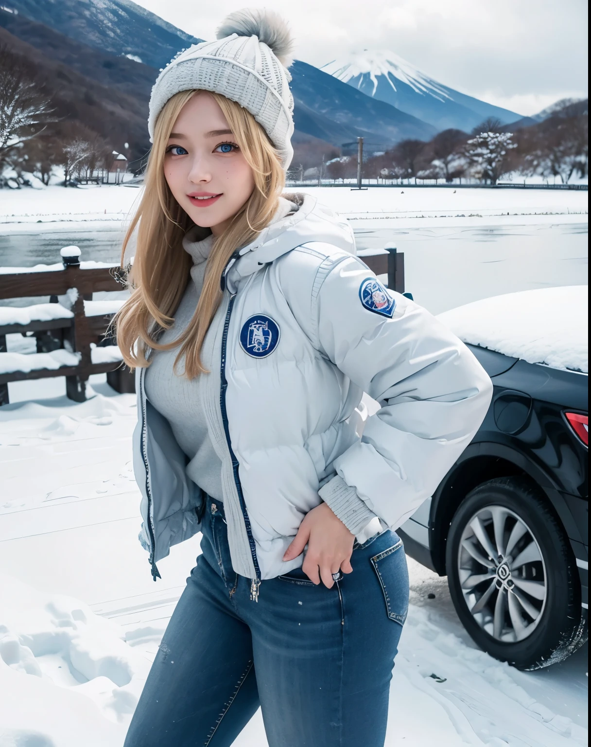 (Blue Eyes), (smiling), big tits, big ass, wide hips, (Best Quality, 8k, Masterpiece: 1.3), Clear Focus: 1.2, Perfect Body Beauty: 1.4, Highly detailed face and skin texture, detailed eyes, double eyelids, (blonde long hair), white warm furry jacket, jeans, winter hat, standing, dynamic pose, in Fuji-Hakone-Izu National Park Japan, snowy day, snow on the ground