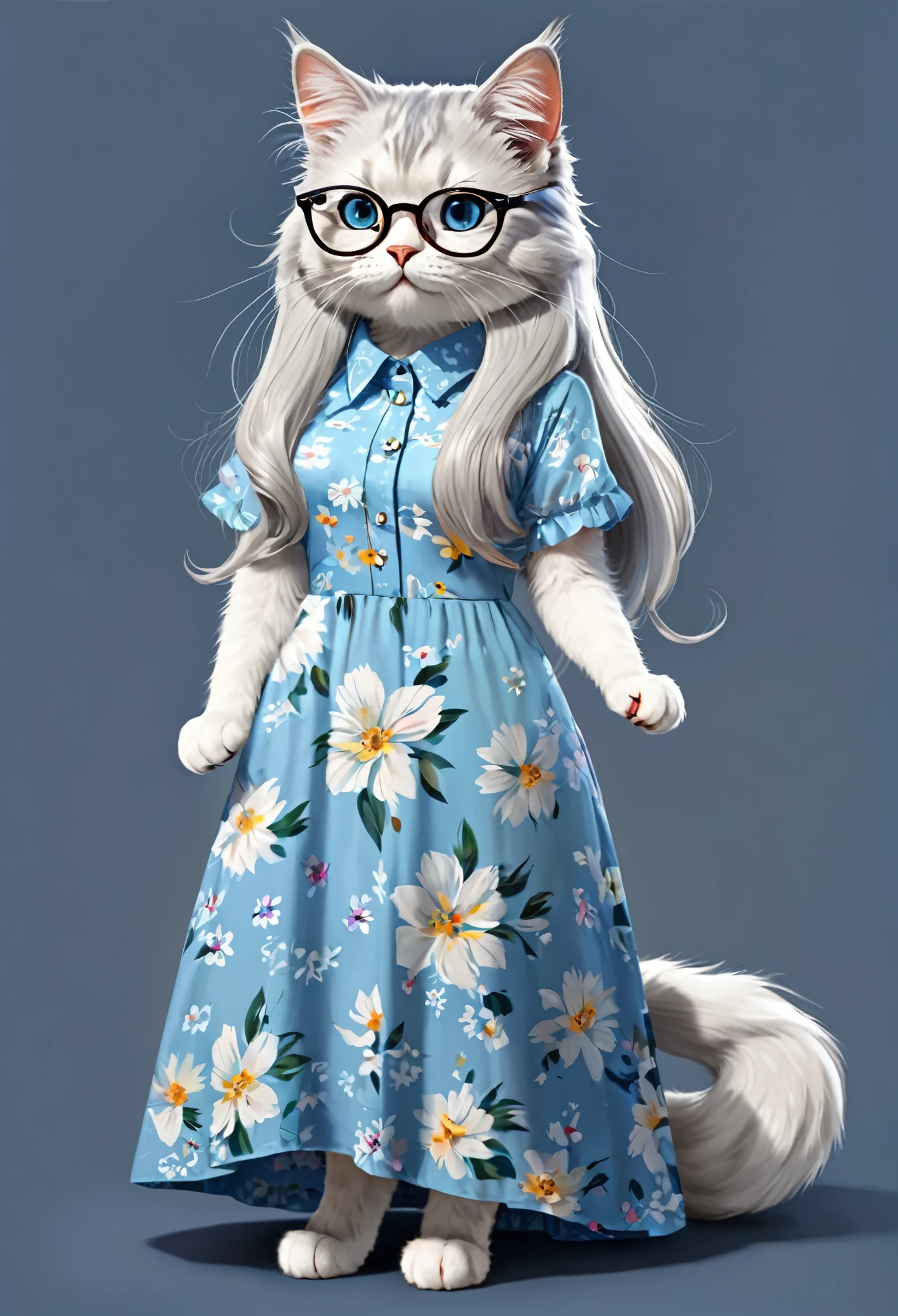 A light blue long-haired cat wearing a cute floral dress, Wearing glasses、World Boss Kitten, Furry character portrait, Official character illustration, Official character art, Cute and detailed digital art, Professional fur drawing, High-quality portraits, Fashionably dressed fursona, Fursona Art, Casual clothing, Fur Artist, Anthropomorphic cat, High resolution consignment, Official concept art