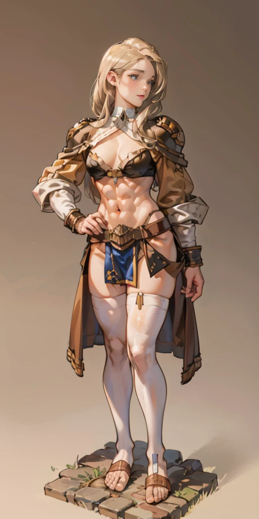full body toe to head, masterpiece, 1soloMILF BIMBO standing loincloth pose, leather collar choker neck bell shackles wristbands bracers bracelets sleeves and stockings, strong body, abs, shiny skin (masterpiece, best quality) 1girlsolo wearing 40K Warhammer sisters of battle whsororitas (plain background)