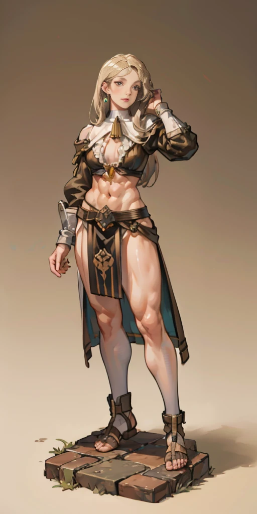 full body toe to head, masterpiece, 1soloMILF BIMBO standing loincloth pose, leather collar choker neck bell shackles wristbands bracers bracelets sleeves and stockings, strong body, abs, shiny skin (masterpiece, best quality) 1girlsolo wearing 40K Warhammer sisters of battle whsororitas (plain background)